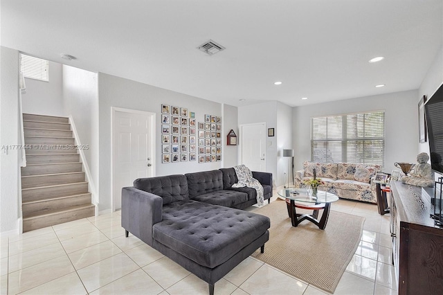 1431 SE 18th Ter, Homestead, FL 33035 - living room featuring stairs, visible vents, recessed lighting, and light tile patterned floors