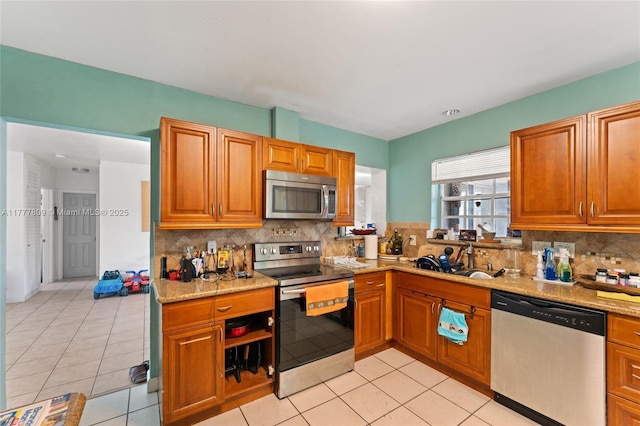 6930 SW 5th St, Pembroke Pines, FL 33023 - kitchen featuring backsplash, appliances with stainless steel finishes, light tile patterned floors, and a sink