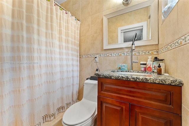6930 SW 5th St, Pembroke Pines, FL 33023 - bathroom featuring vanity, tile walls, a shower with curtain, and toilet