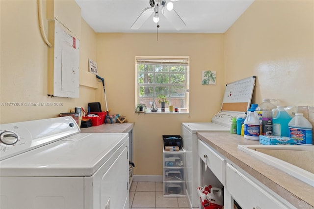 6930 SW 5th St, Pembroke Pines, FL 33023 - laundry room featuring washer and dryer, ceiling fan, light tile patterned floors, and electric panel