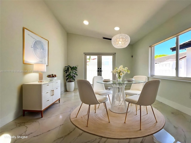 17663 SW 5th St, Pembroke Pines, FL 33029 - dining room featuring recessed lighting, marble finish floor, baseboards, and french doors
