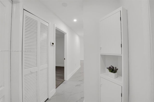 17663 SW 5th St, Pembroke Pines, FL 33029 - hallway with washer / dryer, baseboards, recessed lighting, and marble finish floor
