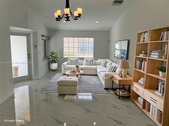 17663 SW 5th St, Pembroke Pines, FL 33029 - living area featuring visible vents, an inviting chandelier, marble finish floor, baseboards, and recessed lighting