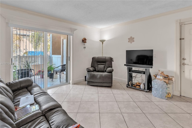 18840 NW 57th Ave Unit 107, Hialeah, FL 33015 - living area with light tile patterned flooring, crown molding, baseboards, and a textured ceiling