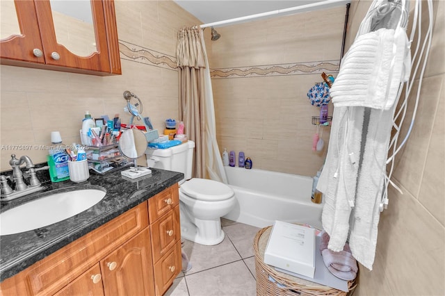 18840 NW 57th Ave Unit 107, Hialeah, FL 33015 - bathroom with toilet, vanity, shower / bathtub combination with curtain, tile patterned flooring, and tile walls