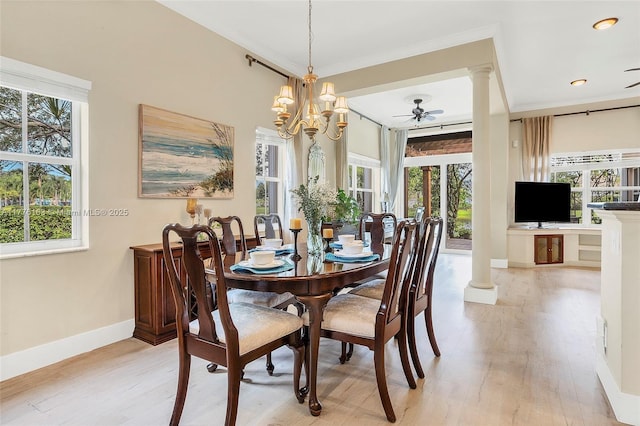 dining room with ceiling fan, light wood-style flooring, ornate columns, recessed lighting, and baseboards