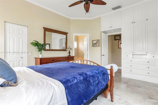 bedroom with ceiling fan, baseboards, ornamental molding, and visible vents