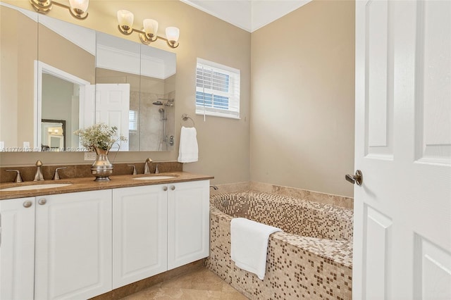 full bath with tiled shower, double vanity, a garden tub, and a sink