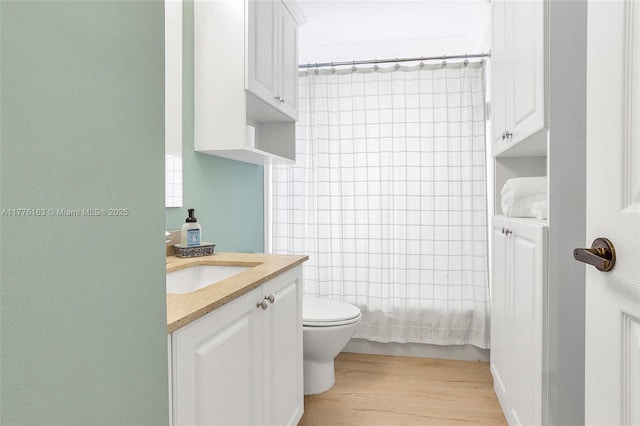 full bathroom featuring toilet, wood finished floors, and vanity