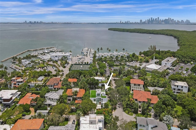 aerial view with a water view and a view of city