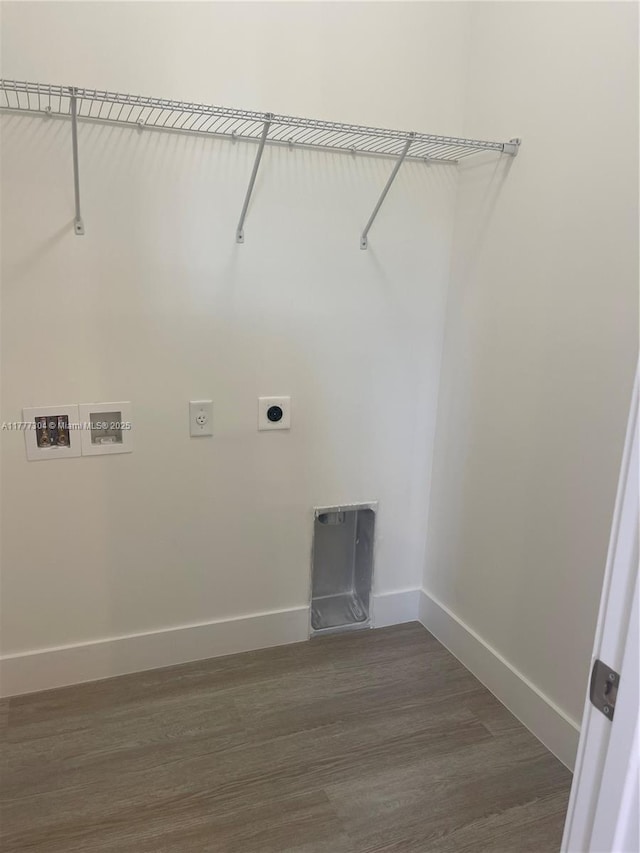 washroom featuring washer hookup, hookup for an electric dryer, laundry area, baseboards, and dark wood-style flooring