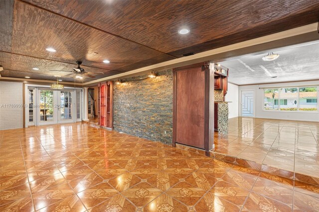 4340 NW 6th St, Plantation, FL 33317 - tiled spare room featuring ceiling fan, french doors, recessed lighting, and wooden ceiling