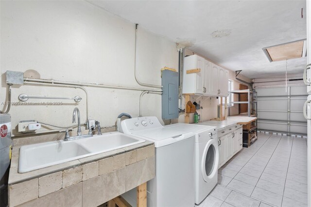 4340 NW 6th St, Plantation, FL 33317 - clothes washing area featuring light tile patterned flooring, electric panel, cabinet space, a sink, and washing machine and dryer