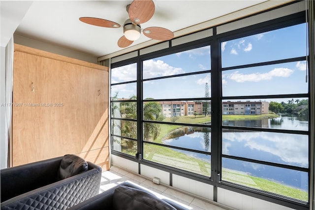 room details with a water view and ceiling fan