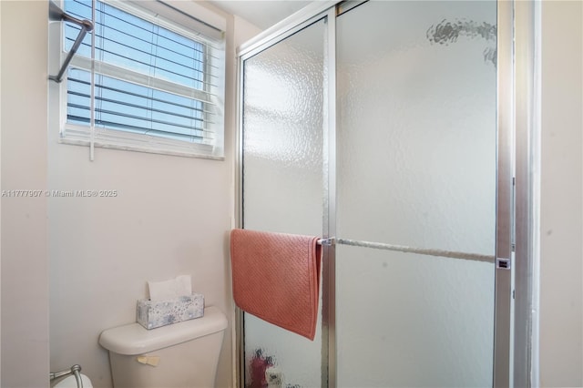 full bathroom featuring toilet and a stall shower