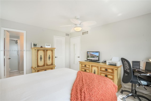 bedroom with visible vents and a ceiling fan