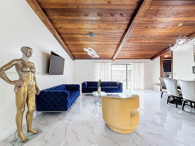 living room with wooden ceiling, a chandelier, vaulted ceiling, and marble finish floor