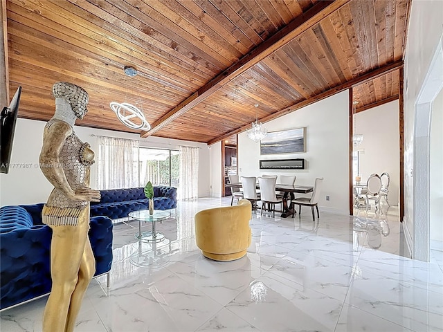 living area featuring vaulted ceiling with beams, marble finish floor, and wooden ceiling