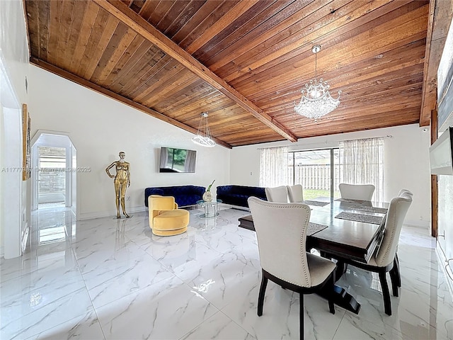 dining area with baseboards, wooden ceiling, vaulted ceiling, and marble finish floor