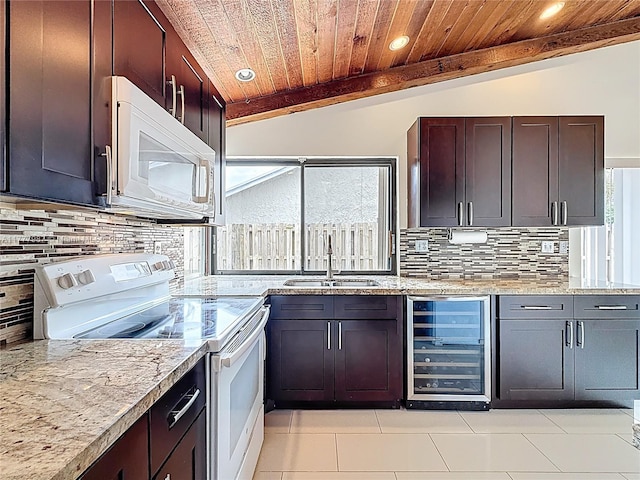 kitchen with a sink, white appliances, wood ceiling, wine cooler, and recessed lighting