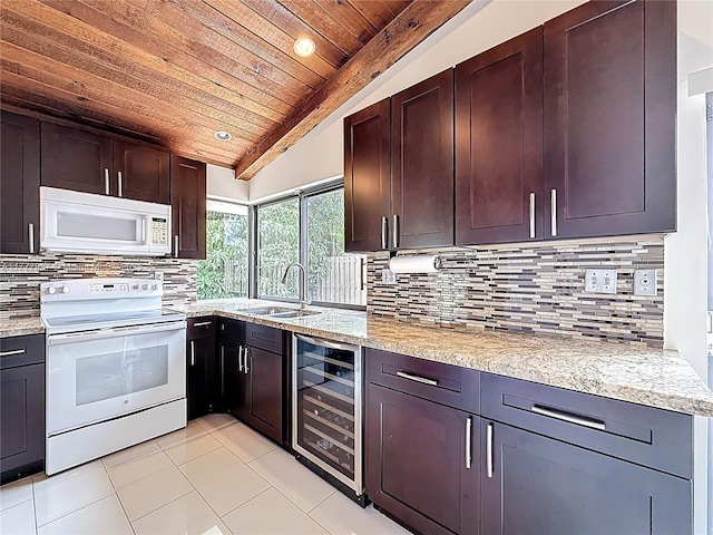 kitchen featuring white appliances, vaulted ceiling, wooden ceiling, a sink, and wine cooler