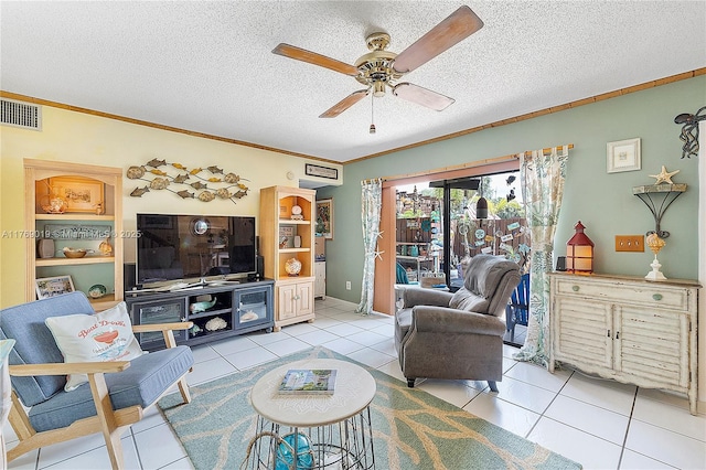 11861 SW 13th Ct, Davie, FL 33325 - living area with ceiling fan, light tile patterned flooring, ornamental molding, and a textured ceiling