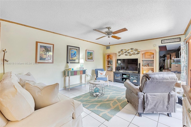 11861 SW 13th Ct, Davie, FL 33325 - living area featuring light tile patterned floors, ornamental molding, a ceiling fan, and a textured ceiling