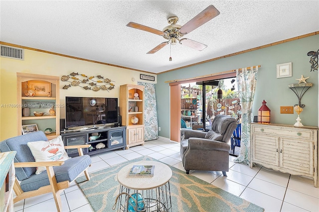 11861 SW 13th Ct, Davie, FL 33325 - living room with a ceiling fan, light tile patterned flooring, ornamental molding, and a textured ceiling