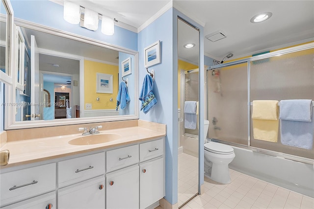 11861 SW 13th Ct, Davie, FL 33325 - full bath with toilet, vanity, ornamental molding, shower / bath combination with glass door, and tile patterned flooring