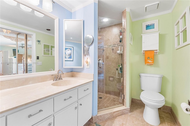 11861 SW 13th Ct, Davie, FL 33325 - bathroom featuring toilet, vanity, crown molding, a stall shower, and tile patterned flooring