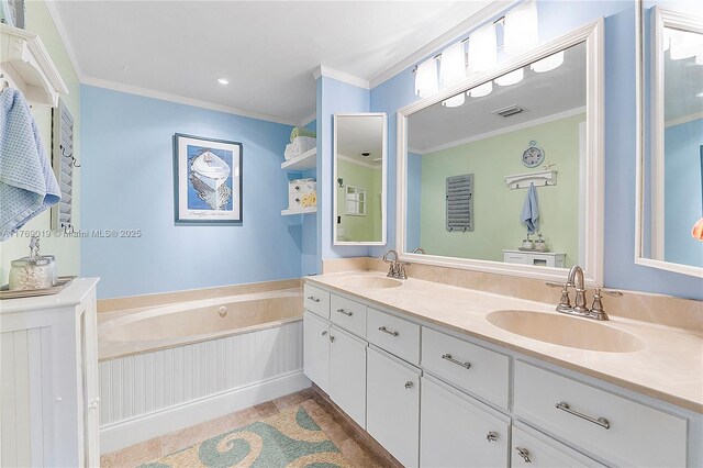 11861 SW 13th Ct, Davie, FL 33325 - bathroom featuring double vanity, a bath, tile patterned flooring, and crown molding