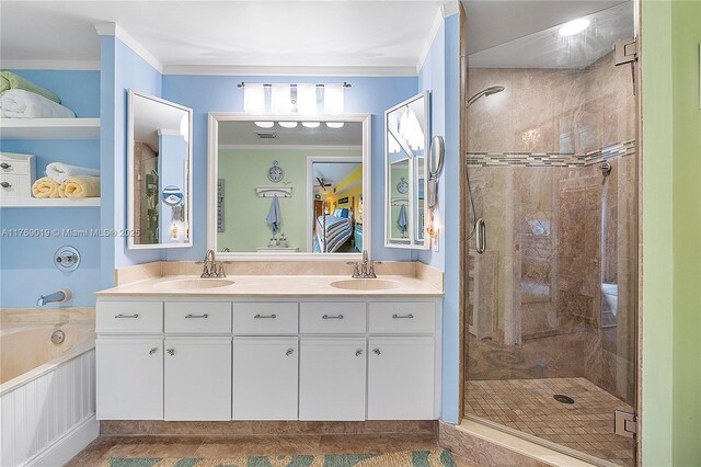 11861 SW 13th Ct, Davie, FL 33325 - full bath with a shower stall, crown molding, double vanity, and a garden tub