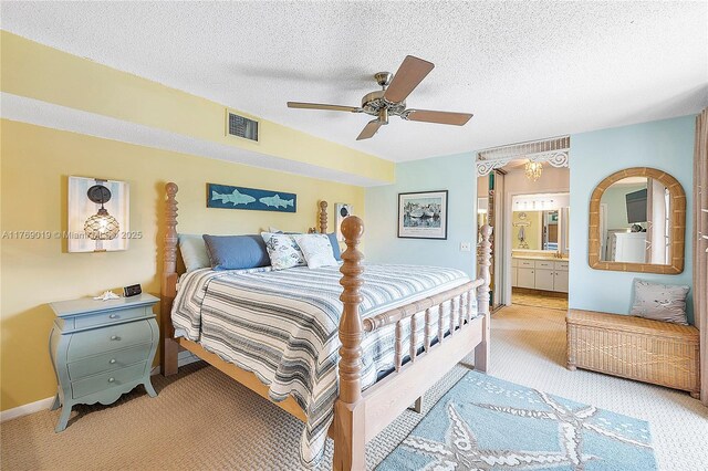 11861 SW 13th Ct, Davie, FL 33325 - bedroom featuring light colored carpet, a textured ceiling, a ceiling fan, and ensuite bathroom