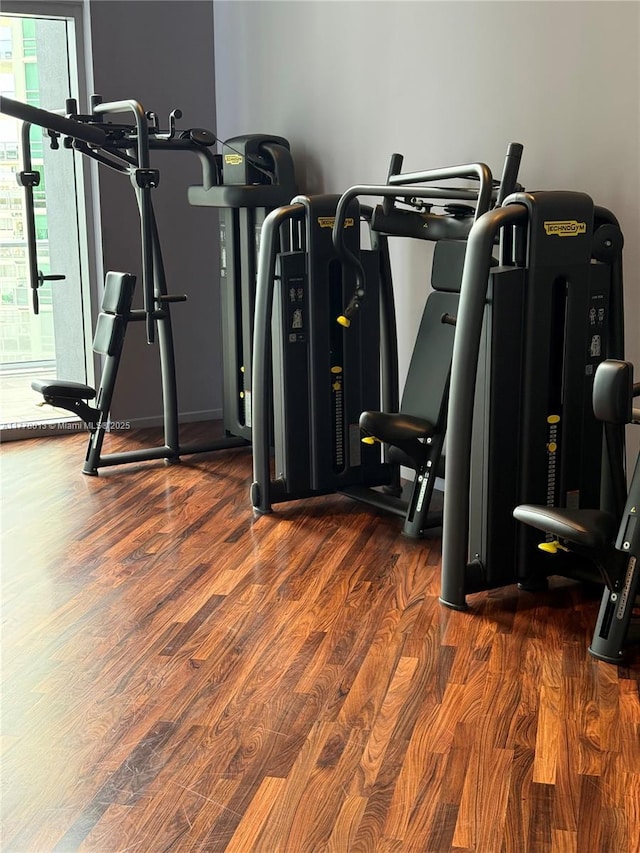 workout area featuring wood finished floors
