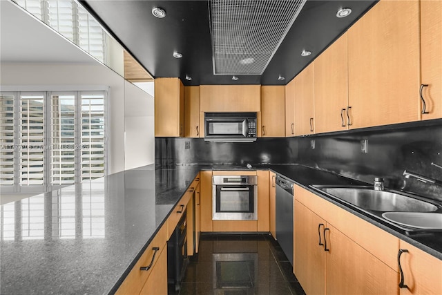 11111 Biscayne Blvd Unit 16G, Miami, FL 33181 - kitchen featuring appliances with stainless steel finishes, a sink, granite finish floor, dark stone counters, and decorative backsplash