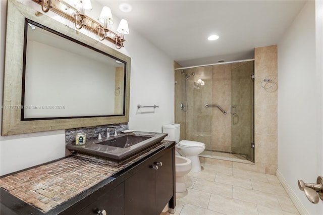 11111 Biscayne Blvd Unit 16G, Miami, FL 33181 - bathroom featuring a bidet, tile patterned flooring, a shower stall, vanity, and toilet