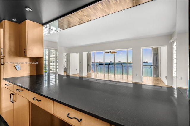 11111 Biscayne Blvd Unit 16G, Miami, FL 33181 - kitchen featuring dark countertops, light brown cabinetry, a water view, and a ceiling fan