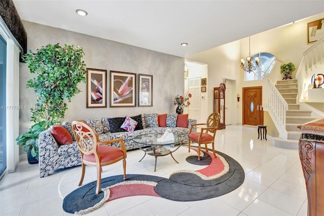 living area with tile patterned floors, stairs, a notable chandelier, and recessed lighting
