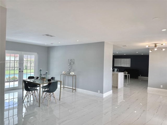 dining room featuring french doors, marble finish floor, baseboards, visible vents, and recessed lighting