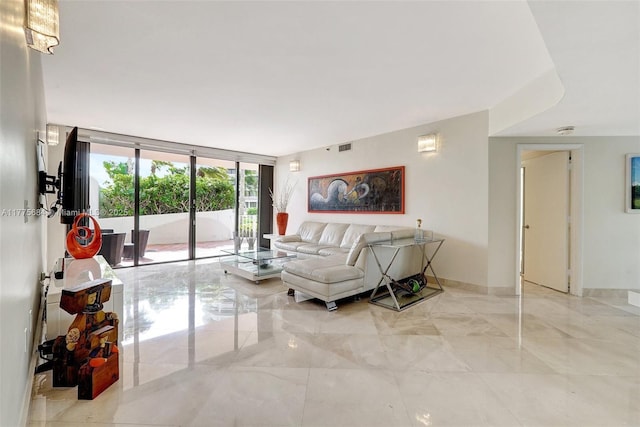 4000 Island Blvd Unit 402, Aventura, FL 33160 - living room featuring expansive windows, visible vents, marble finish floor, and baseboards