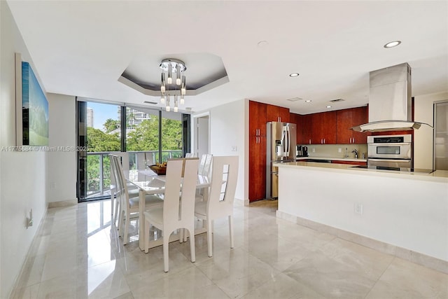 4000 Island Blvd Unit 402, Aventura, FL 33160 - dining area featuring floor to ceiling windows, recessed lighting, a chandelier, a raised ceiling, and baseboards