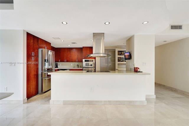 4000 Island Blvd Unit 402, Aventura, FL 33160 - kitchen featuring visible vents, light countertops, dark brown cabinets, stainless steel appliances, and island range hood