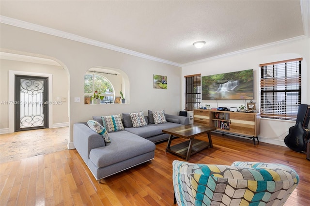 living area with ornamental molding, baseboards, and hardwood / wood-style floors