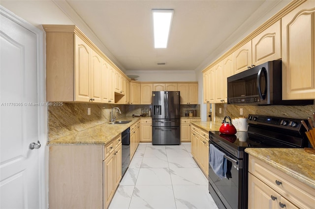 kitchen with black appliances, light brown cabinetry, marble finish floor, and a sink