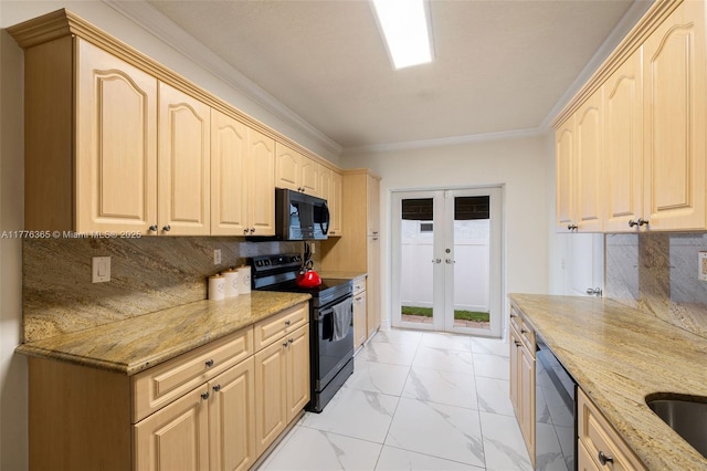 kitchen featuring french doors, light brown cabinetry, light stone countertops, black appliances, and marble finish floor