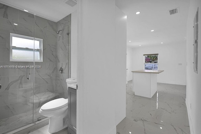 full bathroom with visible vents, toilet, marble finish floor, and a marble finish shower