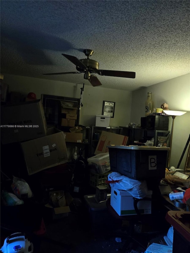 interior space with a ceiling fan and a textured ceiling