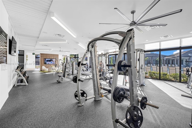 4740 NW 84th Ct Unit 32, Doral, FL 33166 - exercise room featuring a wall of windows, visible vents, and a ceiling fan