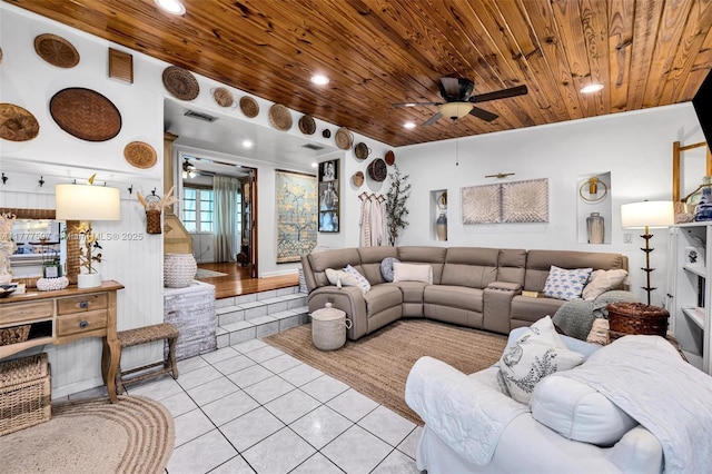 living room with visible vents, a ceiling fan, and wood ceiling
