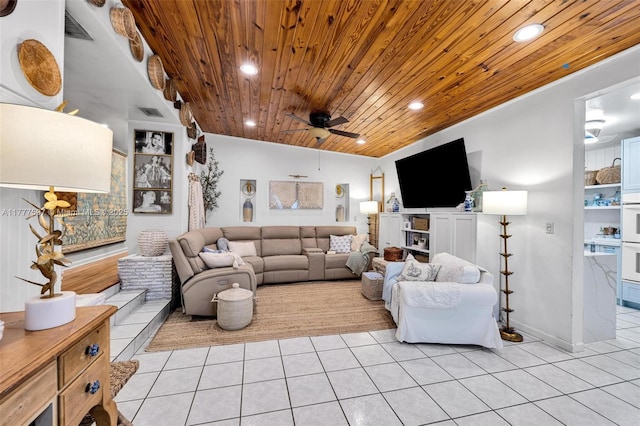 living area featuring recessed lighting, ceiling fan, wood ceiling, and light tile patterned flooring